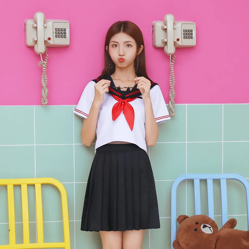 

Girls Summer Jk Orthodox School Uniform Japanese Cosplay Short Sleeved Sailors Suit Student College Clothes Tops Pleated Skirt