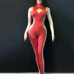Красный рукавов стрейч сексуальное боди этап одежда певица костюм Go-Go Ds для женщин телесного цвета комбинезон полюс танцы костюмы DN3001
