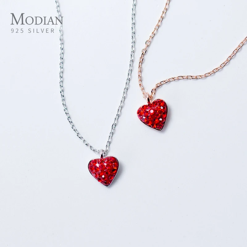 

Modian Fashion Red Crystal Heart Rose Gold Color Charm Tiny Necklaces Pendant For Women Luminous Sterling Silver Fine Jewelry