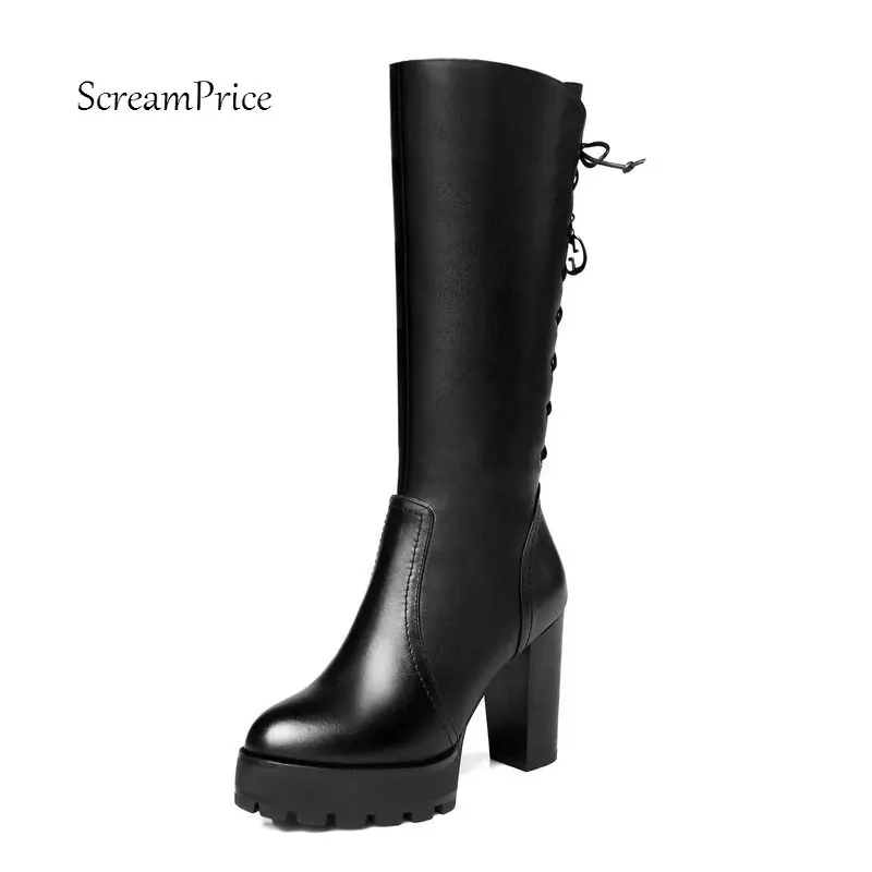 

Women Genuine Leather Platform Thick High Heel Knee High Boots Fashion Round Toe Zipper Fall Winter Shoes Black