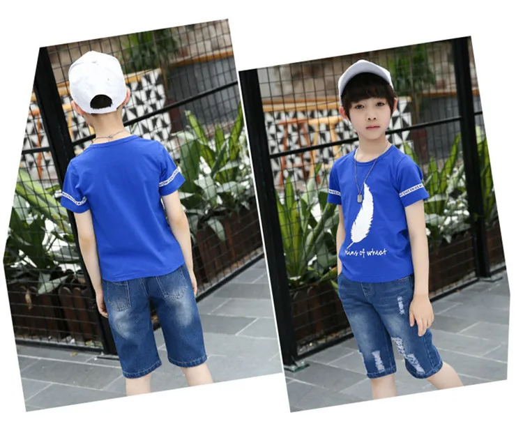 4-14 y boys summer set clothing 2019 boy child tracksuit kids sets knee length jeans pants children t-shirts boys 10 12 years (8)