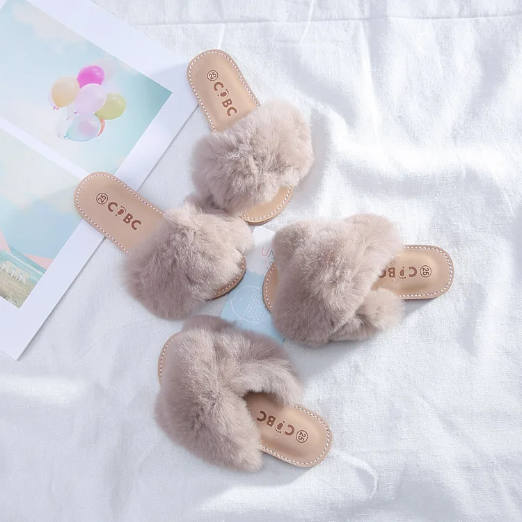 New Spring Plush Slippers Girls Slippers Real Rabbit Fur Shoes Open Toe Slippers All-match Childrens Shoes Summer Home Slippers