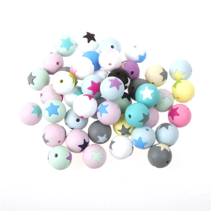 Dente do Bebê Colar de Pérolas Rodada Estrela Silicone Dentição Beads 15mm Faça Você Mesmo Soltas Bebê Mordedor Mastigar 50pcs