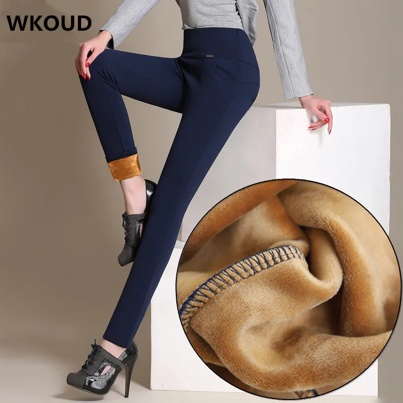 

WKOUD Winter Thicken Pants For Women Solid High Waist Slim Fleeces Trousers Ladies Warm Snow Black Leggings Red Plus Size P8406