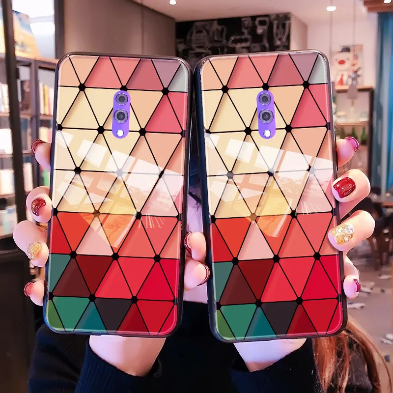 

Manderm Multi-colored Grid Fashion Tempered Glass Phone Case For OnePlus 7 7 Pro Designer Triangle Pattern Rainbow Case