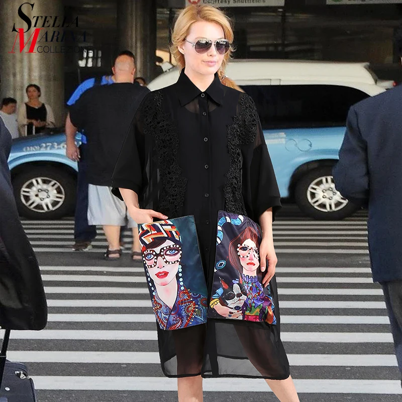 

2019 Women Summer Black Casual Chiffon Shirt Dress Cartoon Pockets Half Sleeve Plus Size Female Midi Party Club Dress Robe 3456