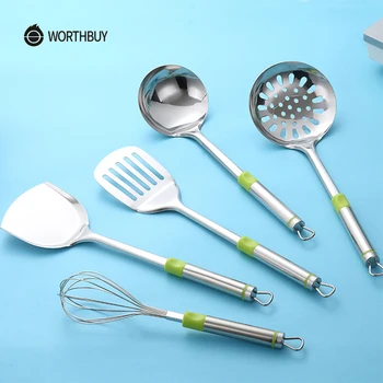 

WORTHBUY 5 Pcs/Set Multifunction Kitchen Tools Set Stainless Steel Kitchen Cooking Utensils Set Soup Ladle Spatula Kitchenware