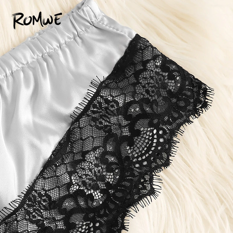 ROMWE Серебряный цветочный кружевной Атласный топ PJ набор с брюками для женщин Лето Спагетти ремень без рукавов Повседневная одежда для сна PJ набор