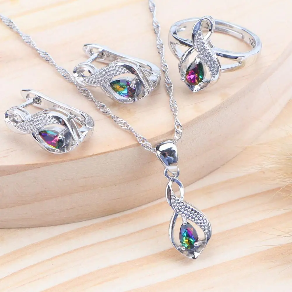 Свадебные 925 пробы, серебряные свадебные ювелирные наборы, роскошные циркониевые Волшебные радужные детские ювелирные изделия, серьги, ожерелье, кольцо для женщин - Окраска металла: Rainbow