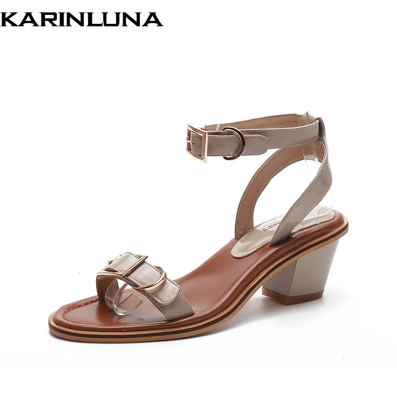 

KarinLuna Cow Genuine Leather Buckle Strap Summer Sandals Metal Decoration High Heels Shoes Women Large Size 33-40