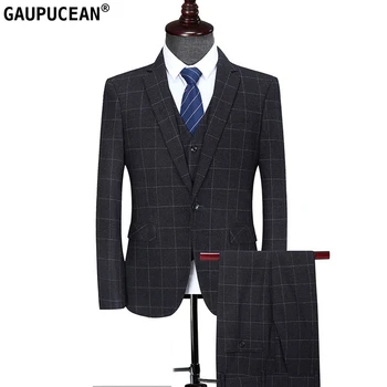

Slim Men Suit Checked Plaid One Button Single Breasted Wedding Marriage Groomsman Business Formal Black Three Pieces Man Suits