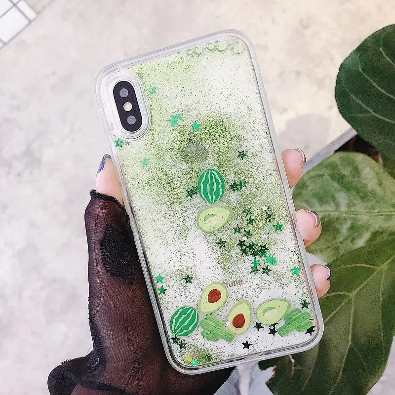 Блестящий чехол для iPhone с изображением дрейфа песка, зеленый арбуз, авокадо, кактус, блестки, поток во время движения, ТПУ чехол Slicone - Цвет: Cactus And Above