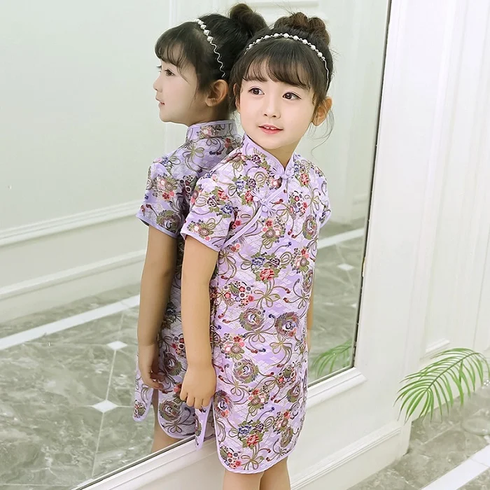 Подарок на день ребенка, традиционный китайский стиль, платье для девочек, Qipao, Детский костюм танга, детское платье Ципао с принтом для маленькой принцессы - Цвет: 1