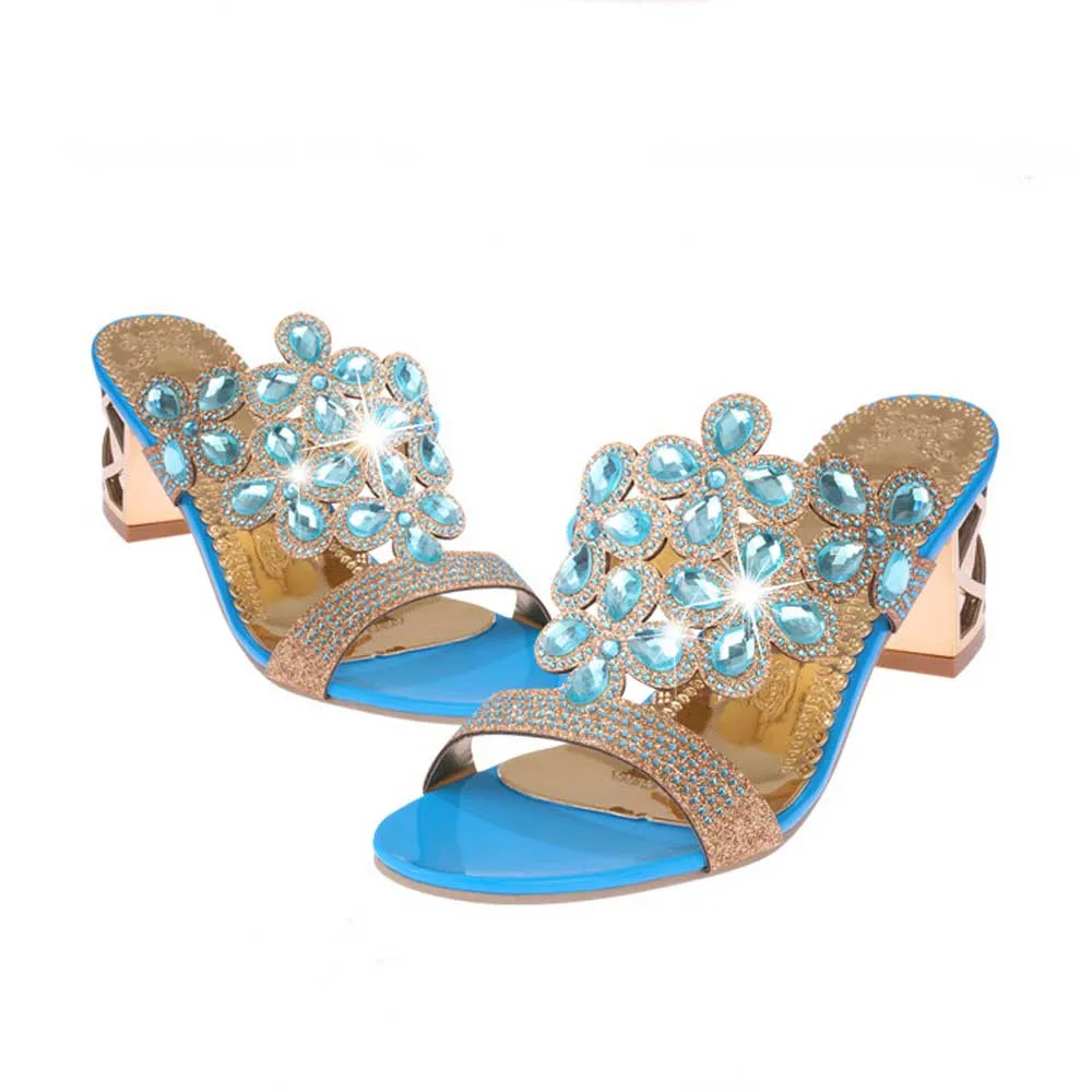 Для женщин летние стразы Тапочки пикантные открытые массивные босоножки на высоком каблуке с украшением в виде кристаллов обувь для вечеринок женская мода флип-флоп - Цвет: Небесно-голубой