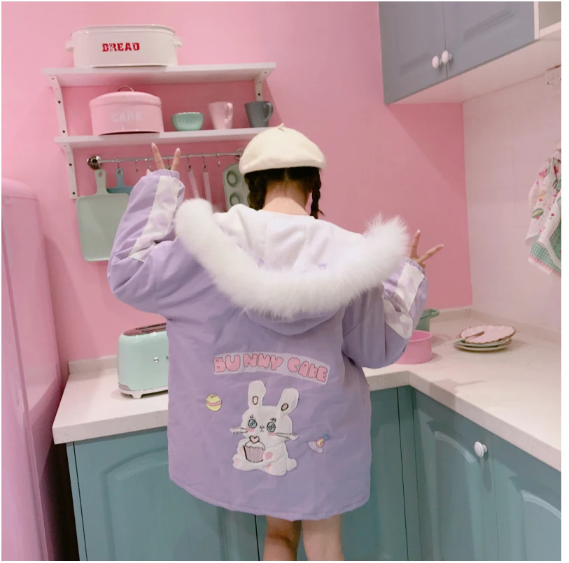 

Japanese winter sweet lolita coat plus velvet thickening hooded embroidered rabbit keep warm gothic lolita coat kawaii girl loli