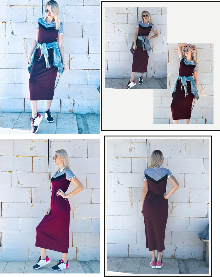 SweatyRocks, длинное платье поло с цветными блоками, уличная одежда, женская повседневная одежда с коротким рукавом,, летнее Бордовое платье макси-рубашка