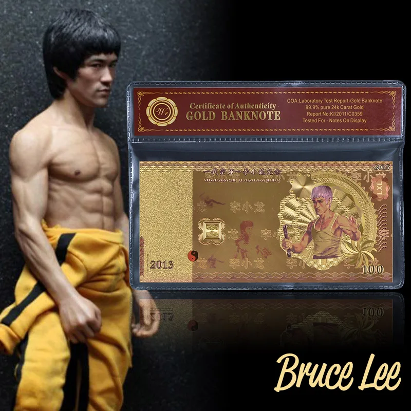 

Hot Sale New Metal Gold Banknote Bruce Lee 100 Fancy Gold Foil Colored Banknote for Value Collection with VOA Frame