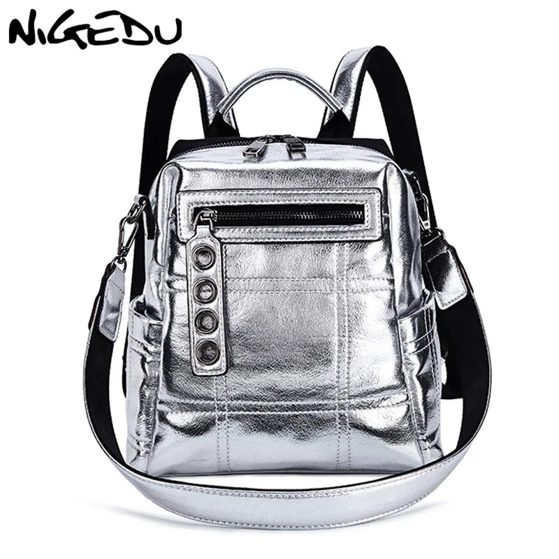 NIGEDU Блестящий рюкзак женская сумка через плечо многофункциональные рюкзаки для девочек-подростков школьный женский рюкзак дорожная сумка серебряного цвета