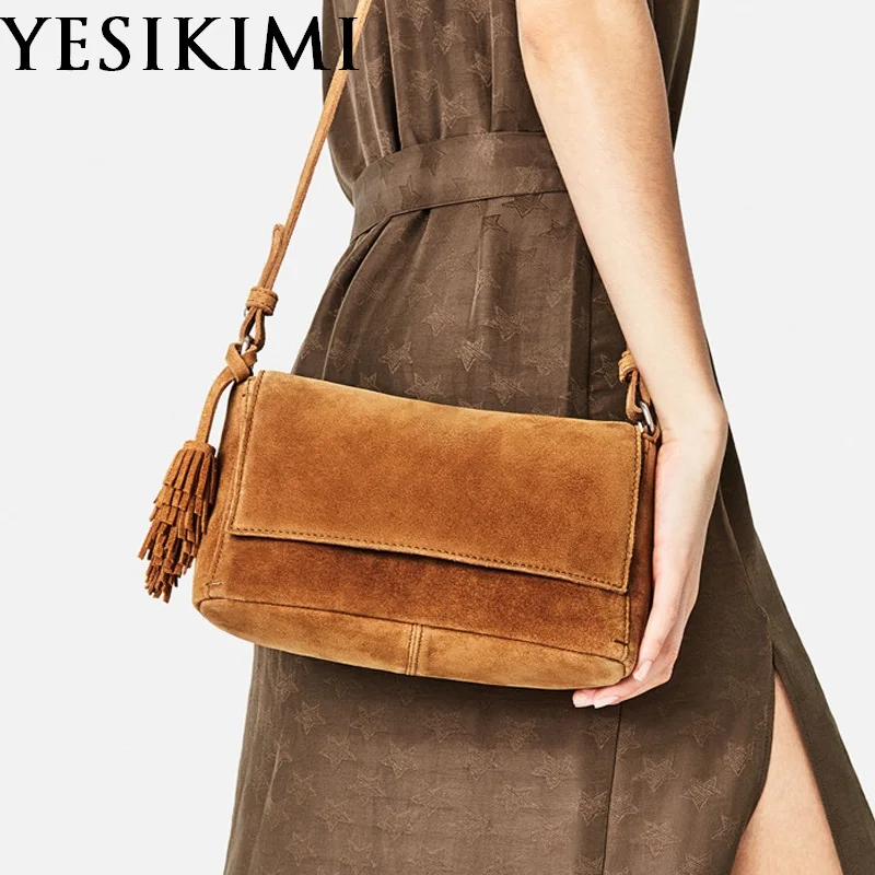 Сумка женская из натуральной кожи винтажная с кисточками нубука|women genuine leather