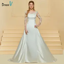 DressV цвета слоновой кости длинные свадебное платье Line одежда с длинным рукавом Матовая атласная суд Поезд Кнопка аппликации простой