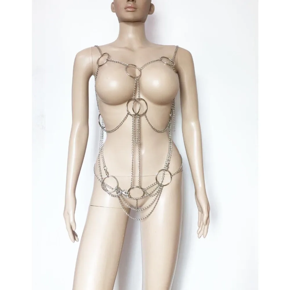 

Sexy Metal Drape Chain and Rings Cupless Bodysuit Bikini Party Body Harness Metallic Body Chain Tassel Fetish Lingerie