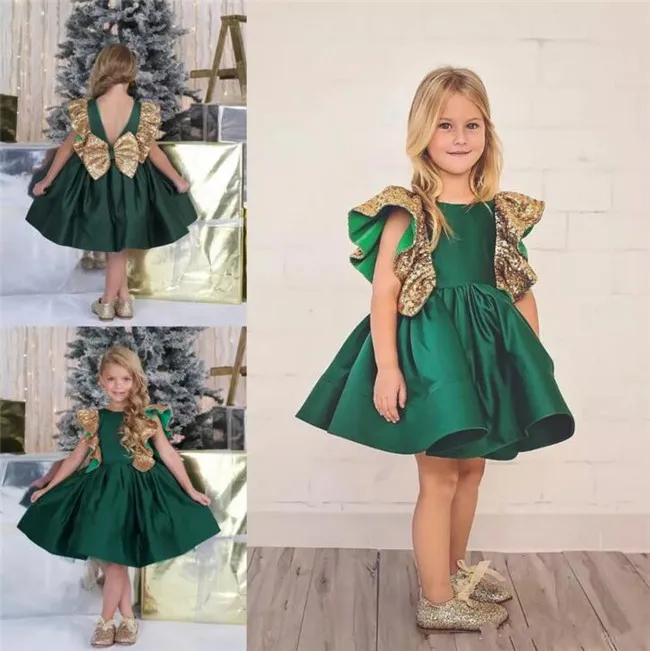 Милое изумрудно-зеленое атласное платье для маленьких девочек на день рождения платье до колена с цветочным узором для девочек на свадьбу с золотыми блестками и бантом