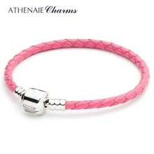 ATHENAIE розовый красный один плетеный кожаный 925 пробы серебряный браслет подходит для всех европейских шармов