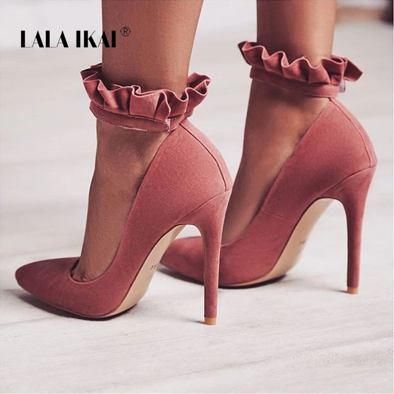 LALA IKAI Heels Pointed Toe Women Pumps Ruffles 12 CM Sexy High Heels Buckle Strap Party Shoes Wedding Shoes 014C1867 -49