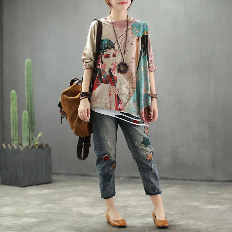 

Women Sweater Autumn Spring 2019 Pullovers Thin Vintage Long Sleeve Print O neck Loose Plus Size Women Tops YoYiKamomo