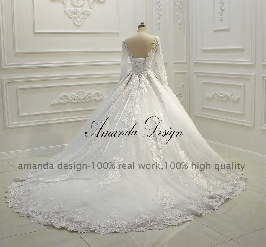Свадебные платья роскошное платье с длинным рукавом кружевная Апликация нижней части спины блестящие свадебное платье