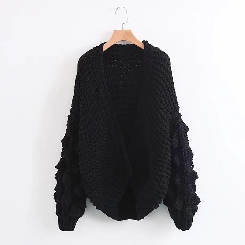 Décontracté Noir kaki Mode rouge rose Manches Main blanc gris La Chandail Baggy Avant À D'hiver Fait Cardigan Femelle Doux Tricoté Lanterne Femmes Ouvert zqSTZx