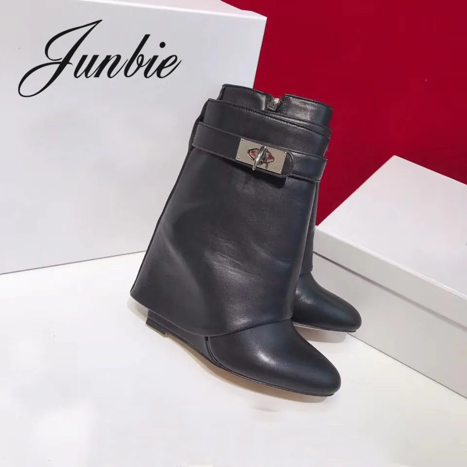 

JUNBIE Top Quality Genuine Leather Zip Side Women Winter Wedges Pointed Toe Mid Calf Women Warm Boots Shoes Women