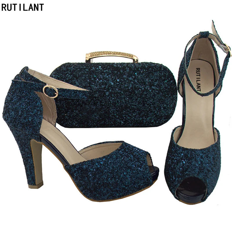 

italian Latest Nigerian Shoes and Matching Bags Ladies Italian Shoes and Bag Set Decorated with Rhinestone African Wedding Shoes