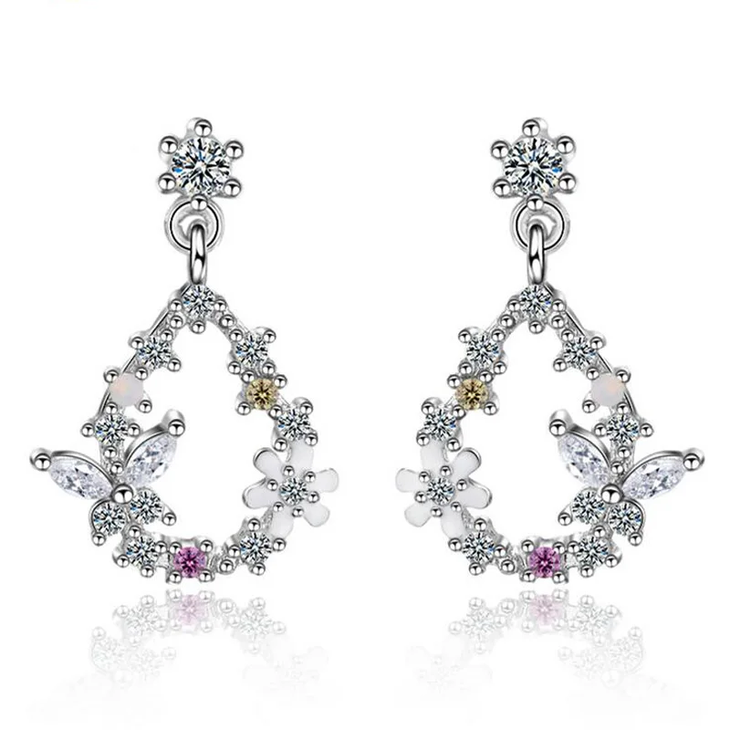 

New Fashion Cute Butterfly Flower 925 Silver Clear Zircon Water Drop Dangle Earring For Women Girls Simple Party Gift Jewelry