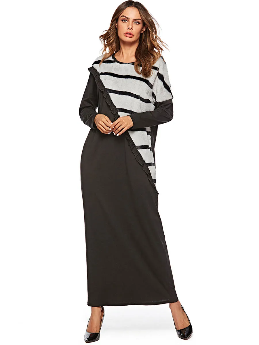 

Casual Faux Fur Abaya Stripe Maxi Dress Thicken Warm Kimono Long Robe Gowns Muslim Jubah Ramadan Middle East Islamic Clothing