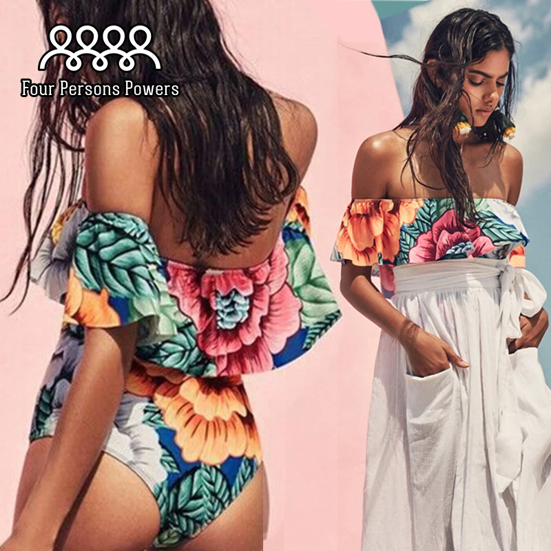 Image Sexy Off Shoulder One Piece Swimsuit Patchwork Monokini Push Up Padded Swimwear Women Bodysuits Summer Beach Bathing Suit NK49