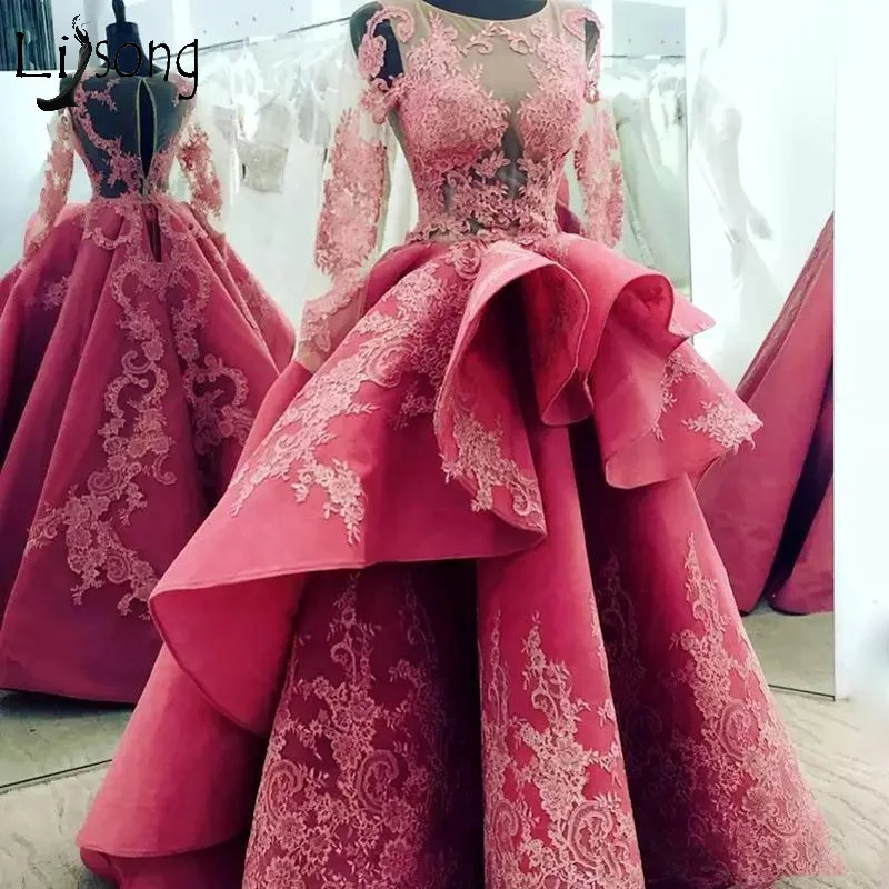 

2018 Saudi Arabic Long Prom Dresses Full Sleeves Ruffles Prom Gowns Abendkleider O-neck Vintage Formal Party Dress Abiye