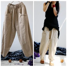 Женские Ретро однотонные льняной эластичный корсаж свободные брюки женские большие размеры винтажные женские брюки-шаровары