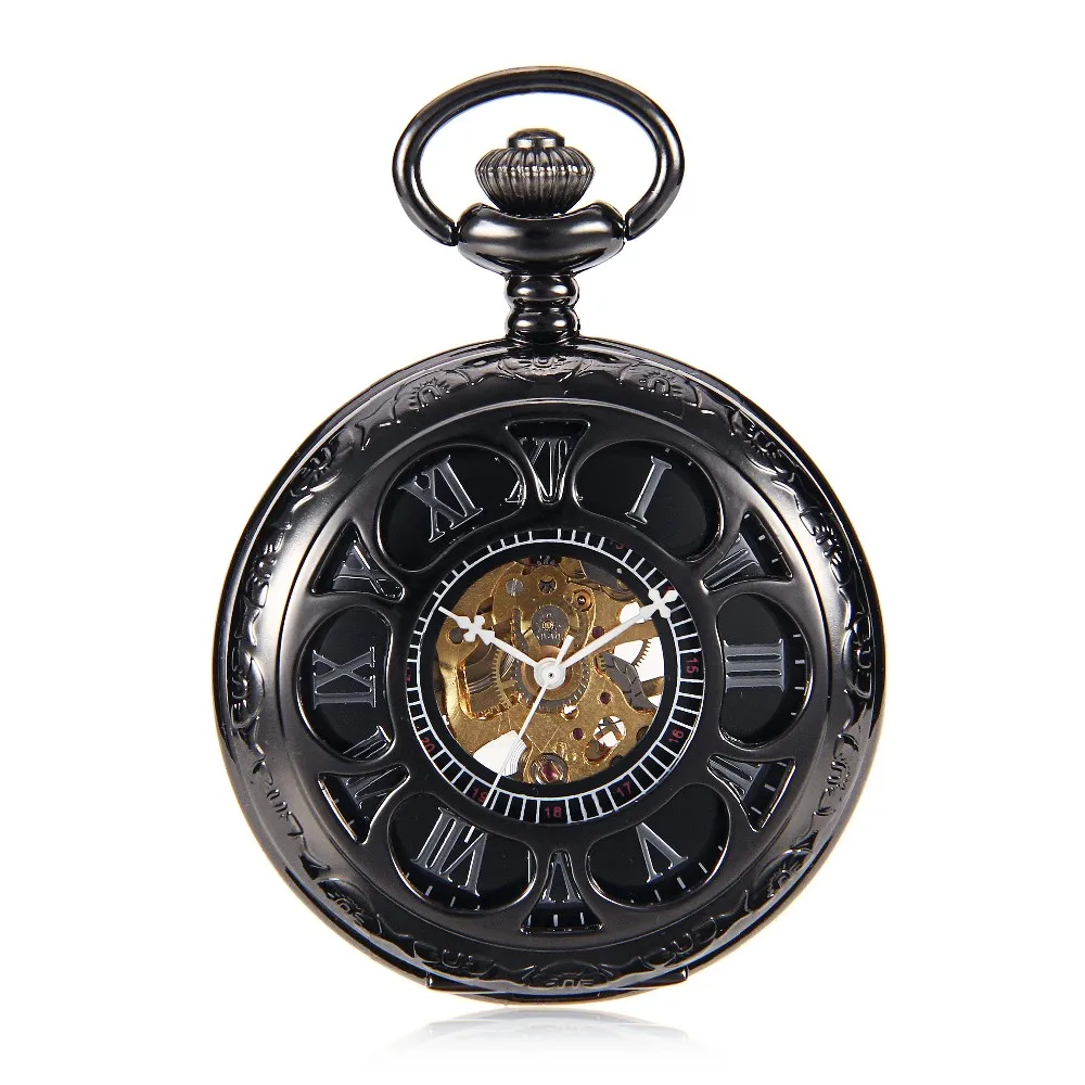 Черный цветок полый чехол римские цифры Механические карманные часы с цепочкой для женщин мужчин reloj de bolsillo