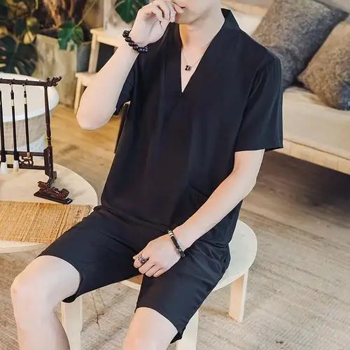 

Loldeal Xia Nan New Chinese Style Ice Silk Set Retro Solid Color Loose Five Points Shorts Buckle