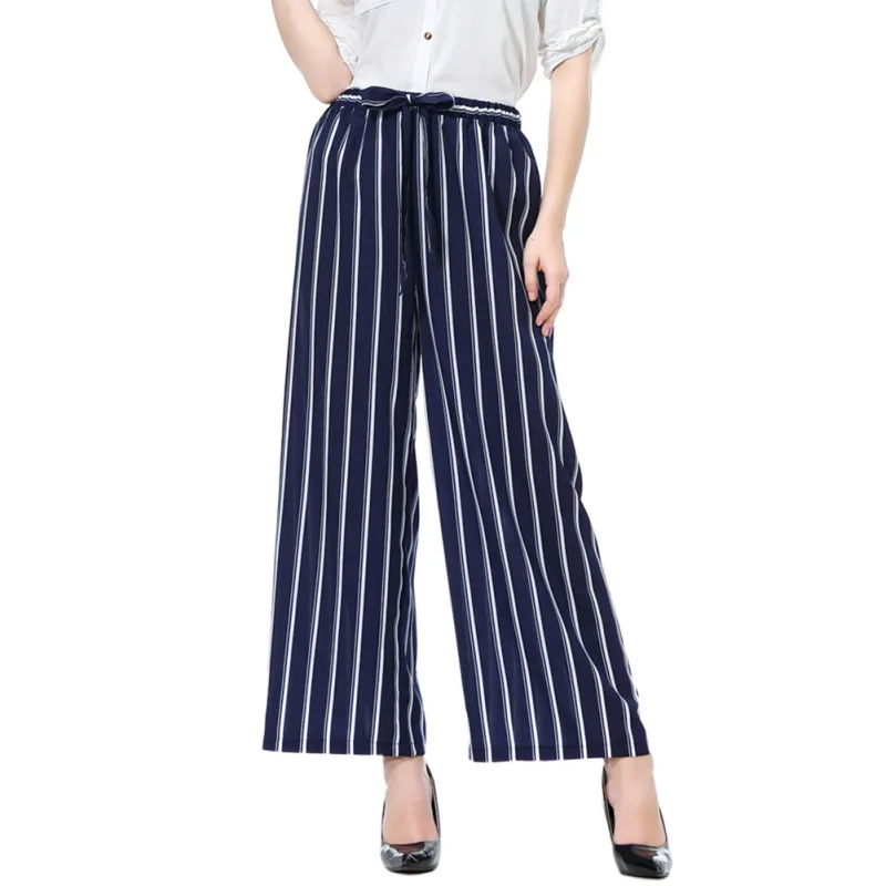

New Fashion Summer Wide Leg Pants Women High Waist Plaid Striped Loose Pants Elegant Office Ladies Trousers M-L X2
