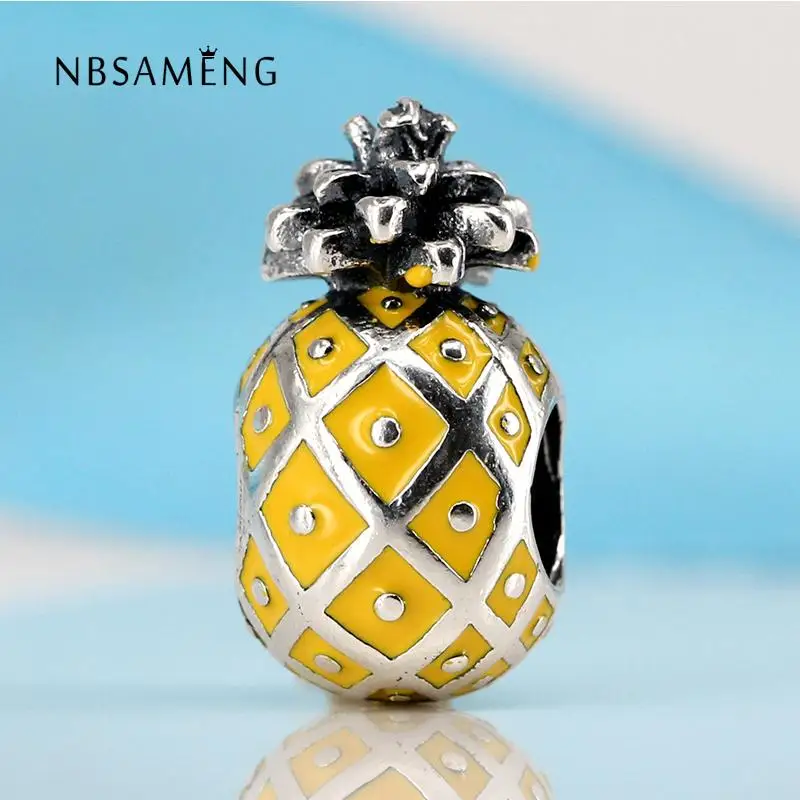 

100% Authentic 925 Sterling Silver Bead Yellow Enamel Fruit Pineapple Charm Fit Pandora Women Bracelet & Bangle DIY Jewelry