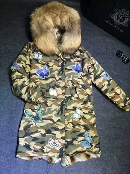 

Fashionable pretty colorful Butterfly camouflage coat big natural raccoon fur hood parka Mr Mrs furs long faux fur lining jacket