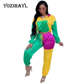 

YOZIHAYL Women Hooded Patchwork Skinny Sport 2piece Sets Autumn Casual Long Sleeve Crop Tops and Pants Multicolor Two Piece Sets