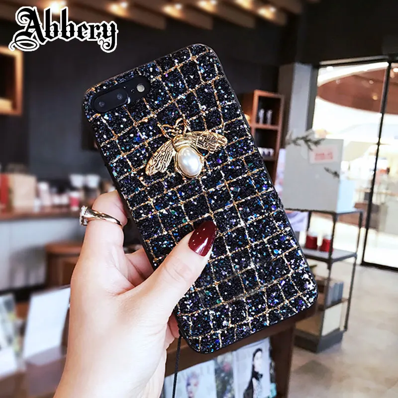 Abbery Luxury Brand 3D Metal Bee Pearl Bling Glitter Phone Case for iPhone 6 6s 7