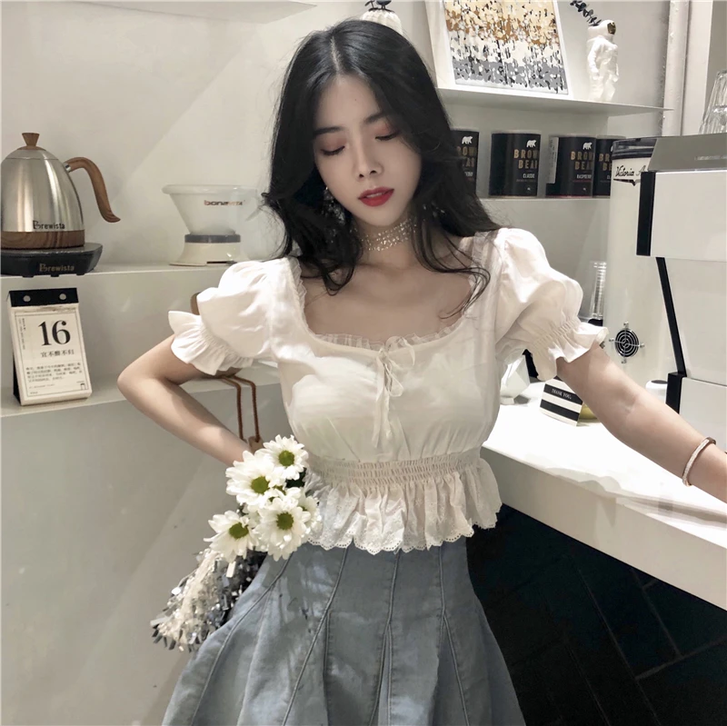 

square collar shirts summer ruffles Women's Clothing chic Blouses crop top puff sleeve Female vintage style chiffon tops new