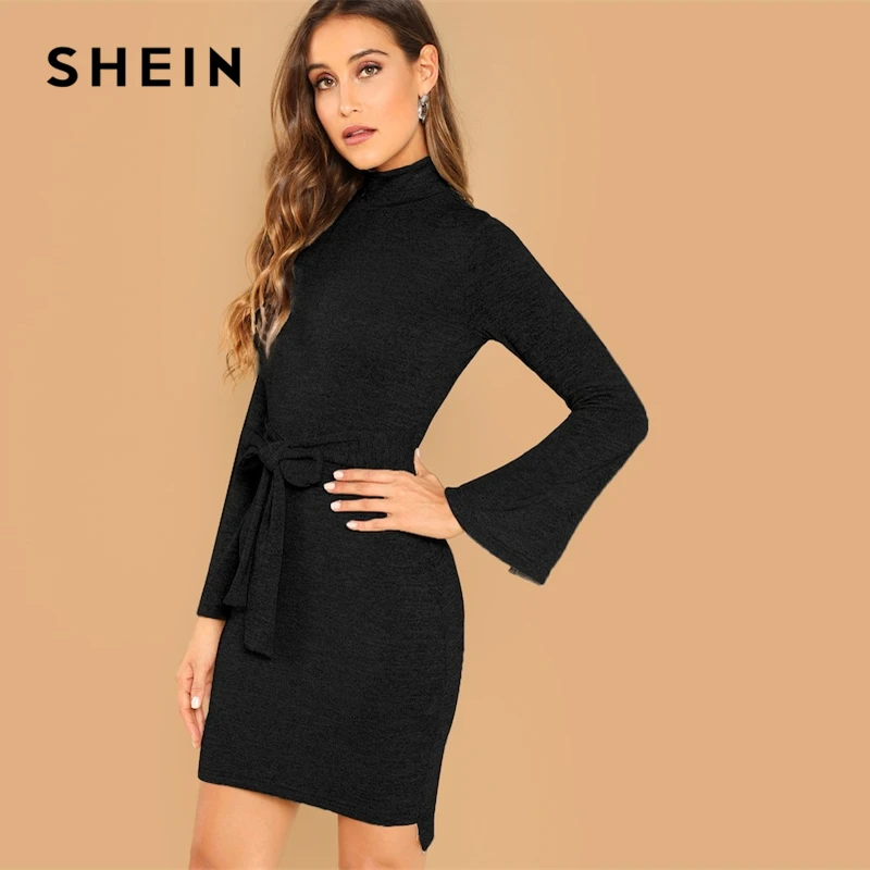 SHEIN Going Out Black Mock Neck Heathered Knit Knot Stand Collar Sheath