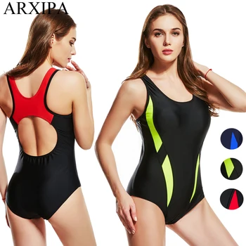 

ARXIPA 2018 New Female Patchwork Sport Swimsuit Racer Back Bathing Suit Swim Racing Retro Padded Bodysuit Cut Out Maillot Bather