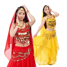 Костюм для танца живота Профессиональный 5 шт.(цепочка на голову+ бюстгальтер+ вуаль+ цепочка на талию+ юбка) belli dance r свободный размер сексуальные костюмы