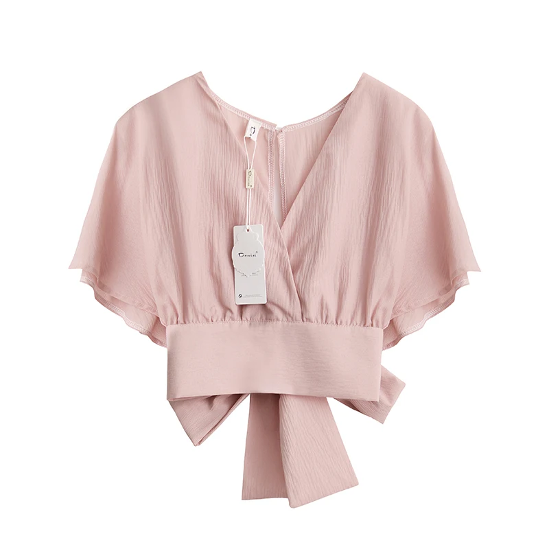 

2019 Summer New Fashion Women Shirts Deep V-neck Bowtie Back Sweet Cute Blouse Female Crop Top Chemises Camisas High Quality